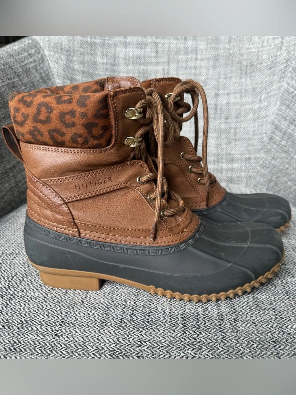 Tommy Hilfiger Brown Leather & Black Rubber Duck Boots with Leopard Cuff